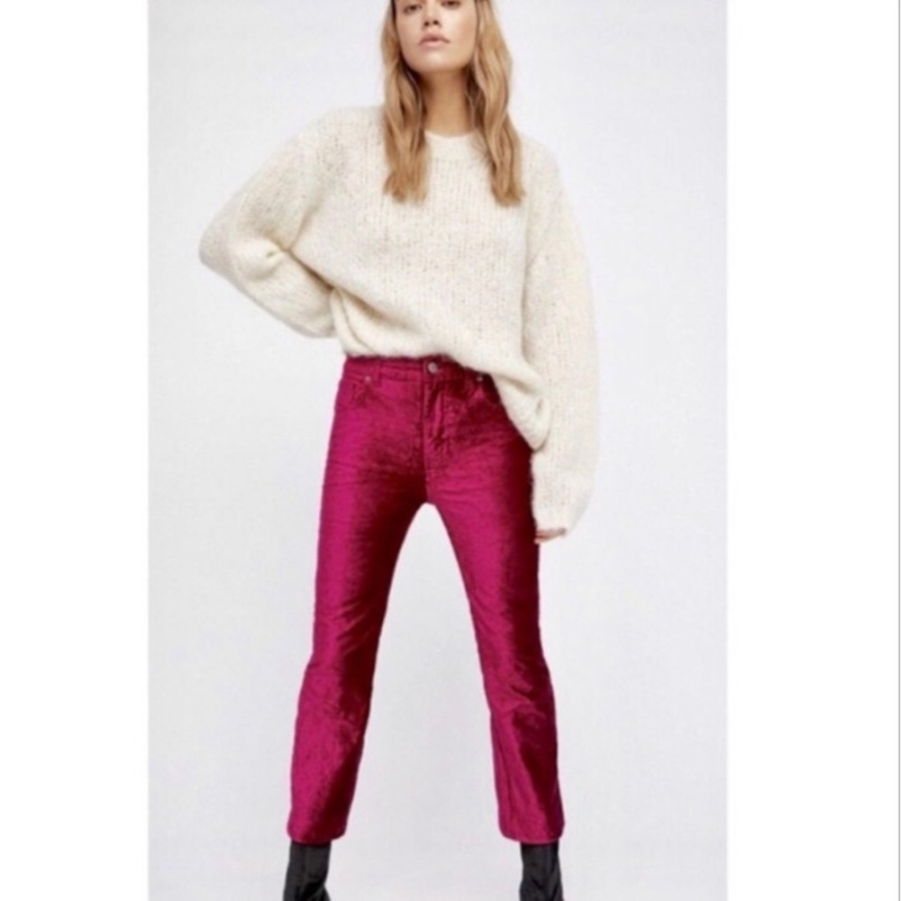 Free People Magenta Velvet Kick-Flare Cropped Pants